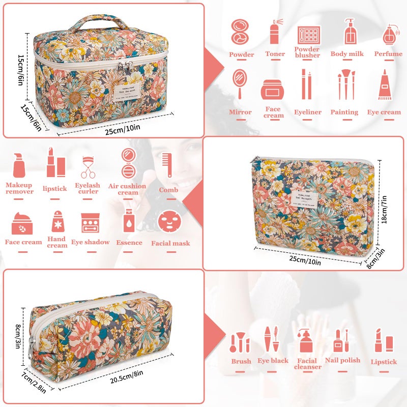 Gosect Makeup Bag Set  Quilted Makeup Bag  Large Floral Cosmetic Bag for Women  Cute Cotton Makeup Bags  Flower Travel Toiletry Organizer Bag (South Twigs Flower) - Image 2